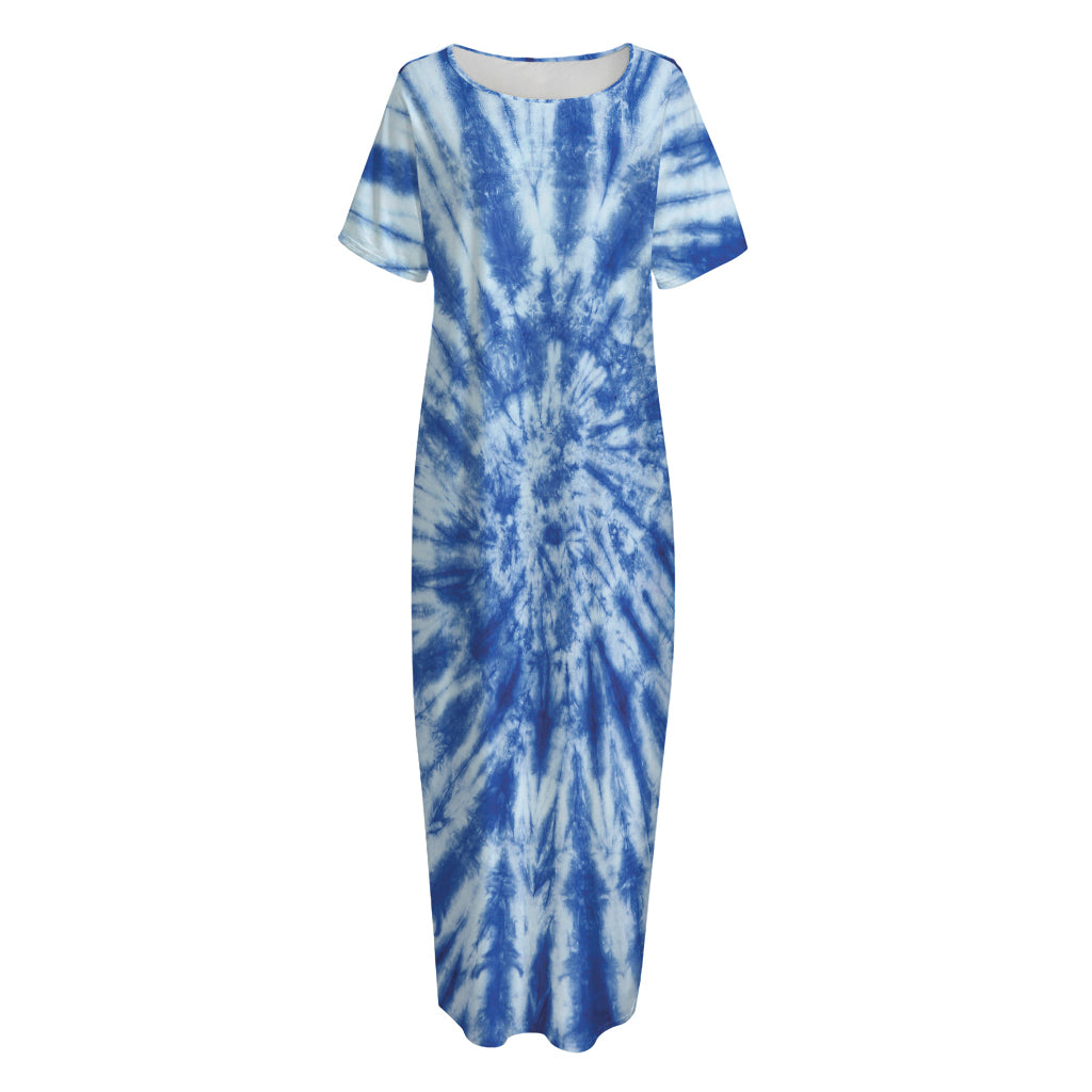 Blue Tie Dye Print Short Sleeve Long Nightdress