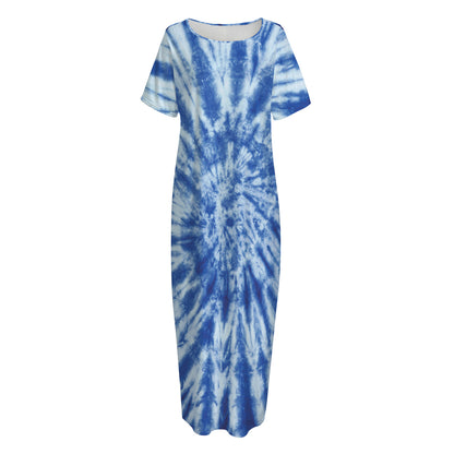 Blue Tie Dye Print Short Sleeve Long Nightdress