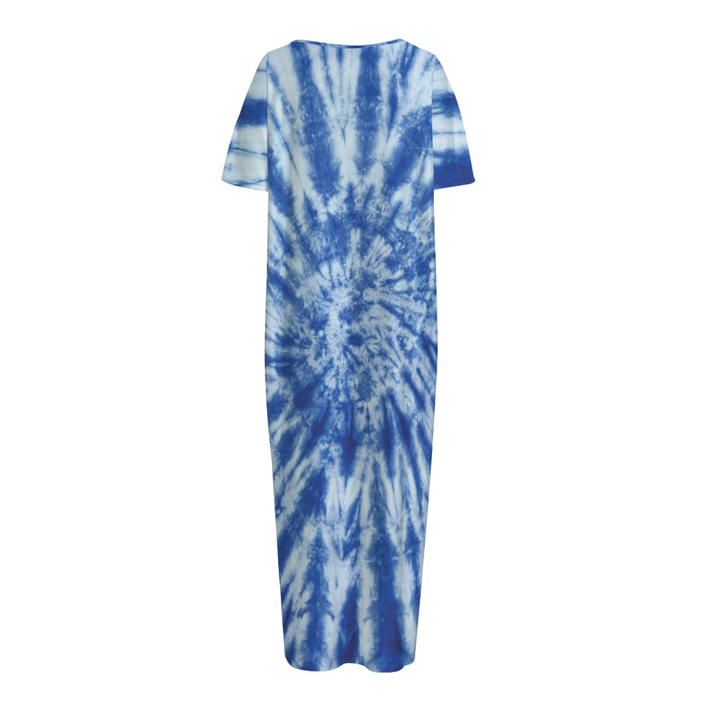 Blue Tie Dye Print Short Sleeve Long Nightdress