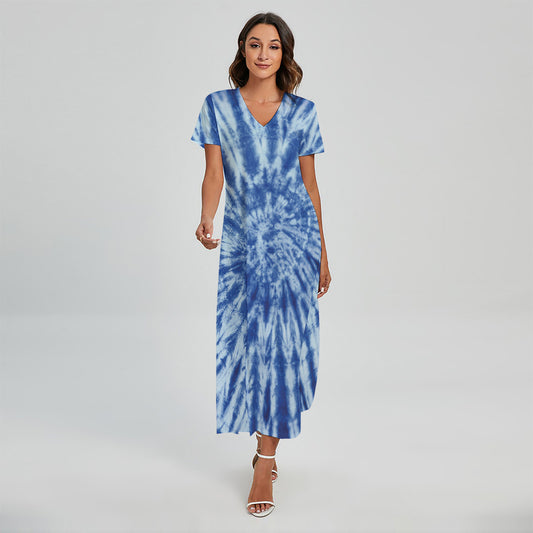 Blue Tie Dye Print Short Sleeve Maxi Dress
