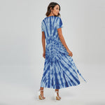 Blue Tie Dye Print Short Sleeve Maxi Dress