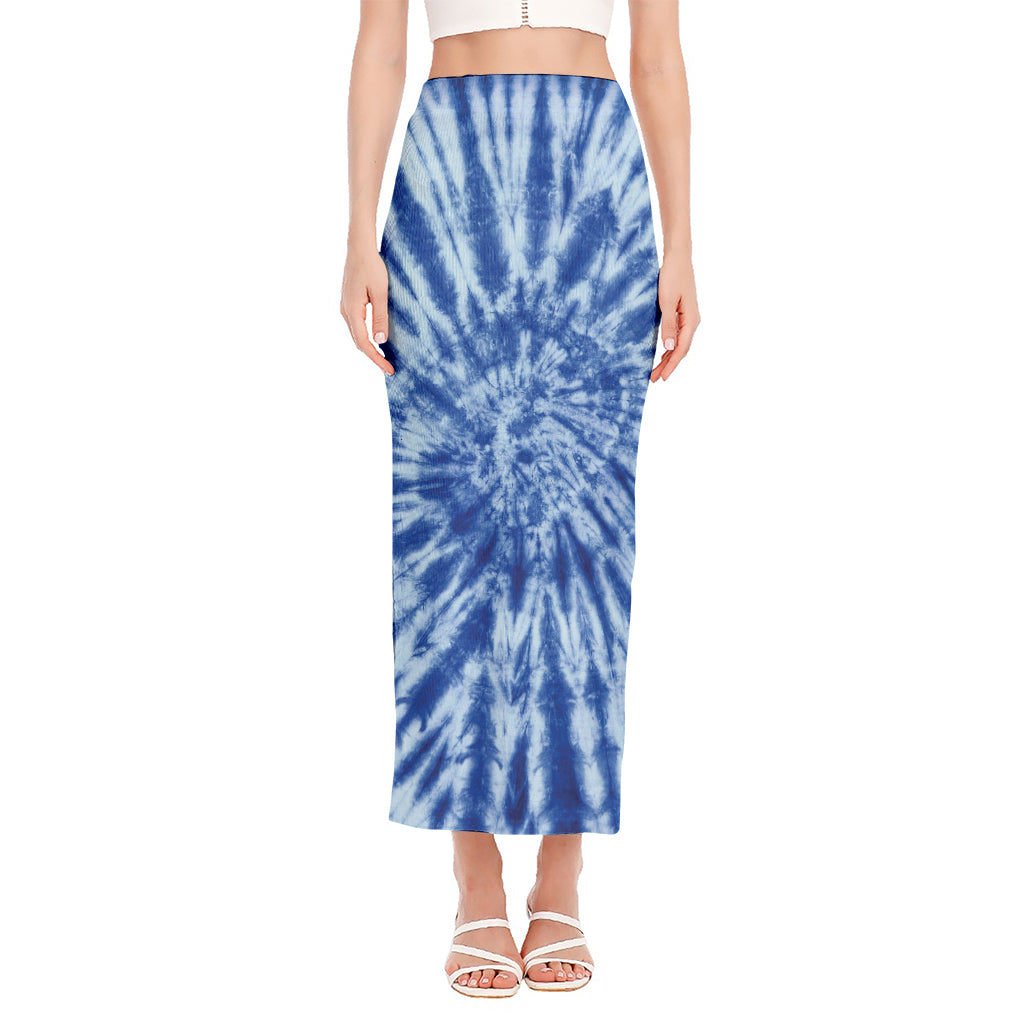 Blue Tie Dye Print Side Slit Maxi Skirt
