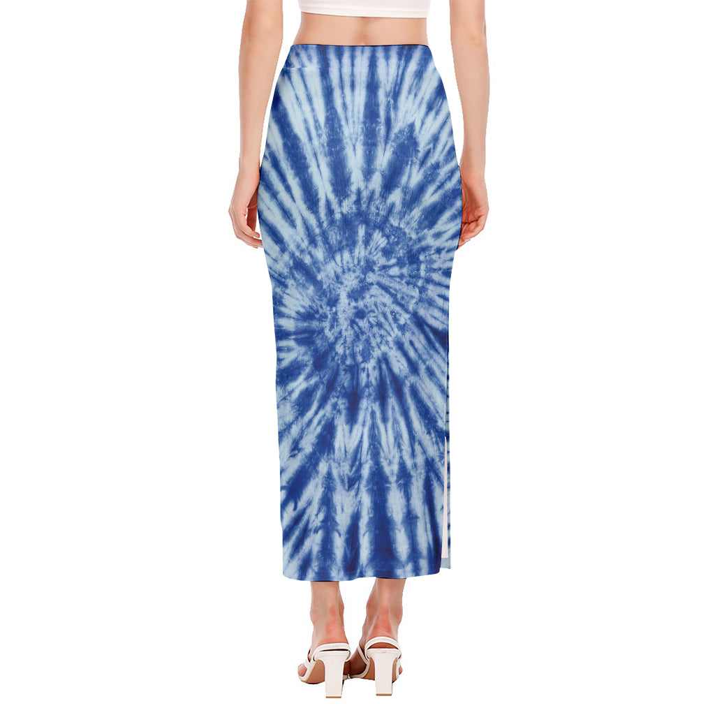 Blue Tie Dye Print Side Slit Maxi Skirt