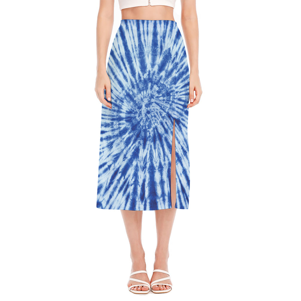 Blue Tie Dye Print Side Slit Midi Skirt