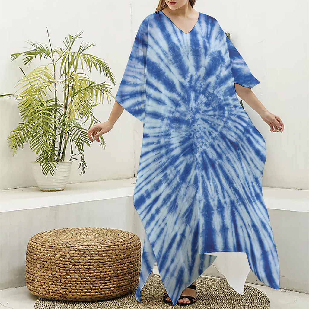 Blue Tie Dye Print Silk V-Neck Kaftan Dress
