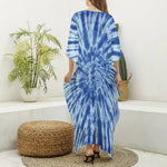 Blue Tie Dye Print Silk V-Neck Kaftan Dress