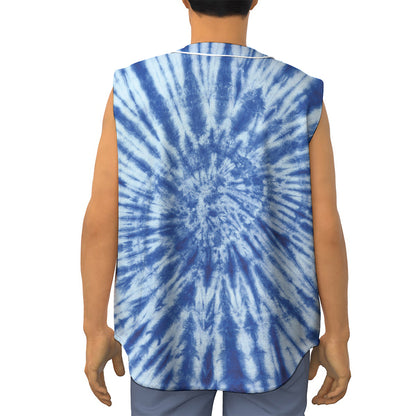 Blue Tie Dye Print Sleeveless Baseball Jersey