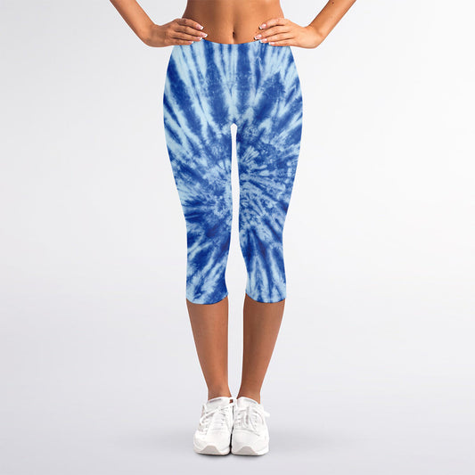 Blue Tie Dye Print Women's Capri Leggings