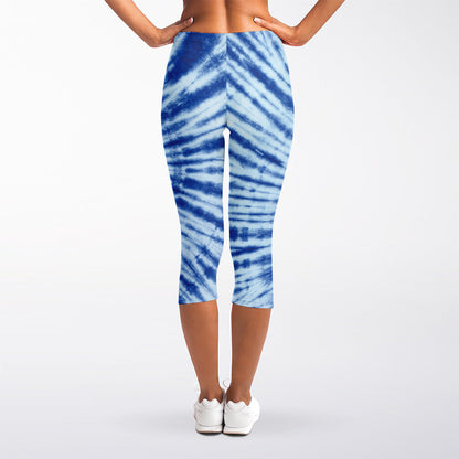 Blue Tie Dye Print Women's Capri Leggings