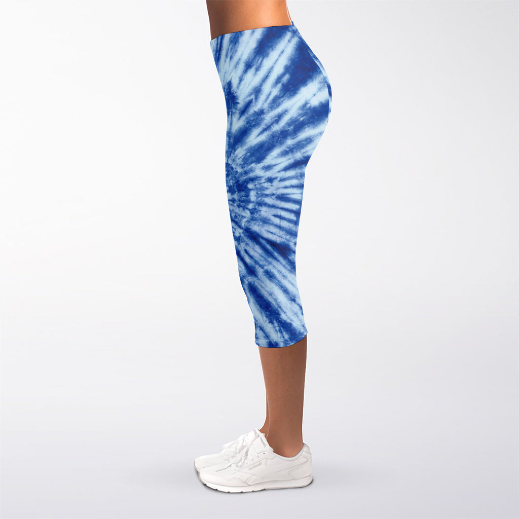 Blue Tie Dye Print Women's Capri Leggings