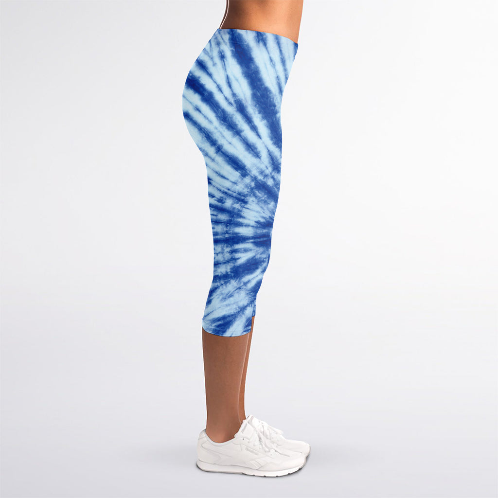 Blue Tie Dye Print Women's Capri Leggings