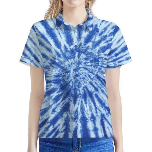 Blue Tie Dye Print Women's Polo Shirt