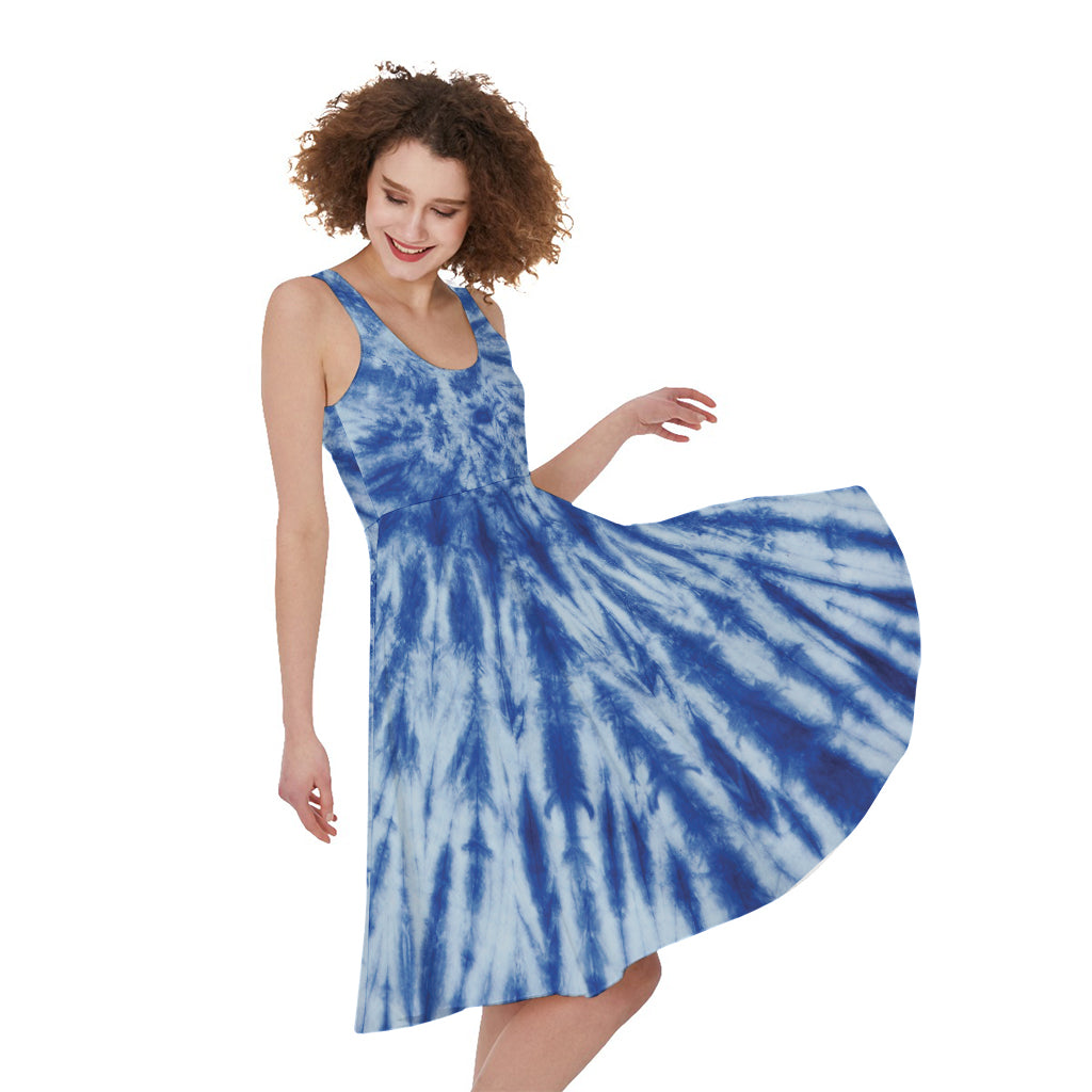Blue Tie Dye Print Women's Sleeveless Dress