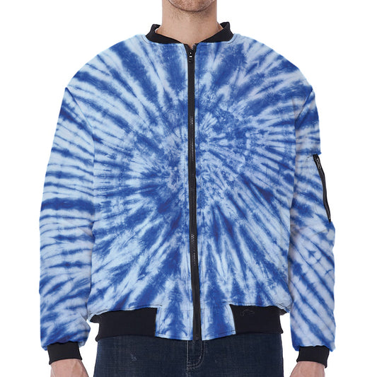 Blue Tie Dye Print Zip Sleeve Bomber Jacket