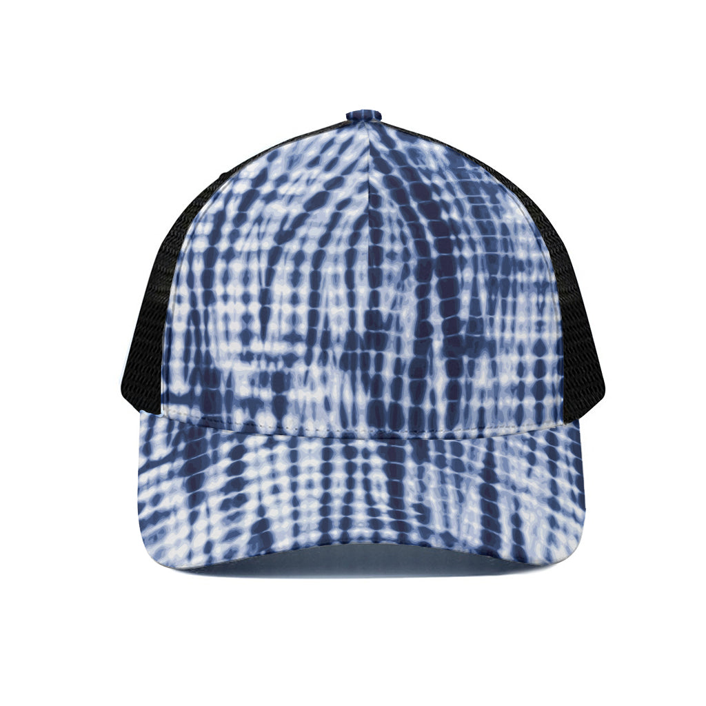 Blue Tie Dye Shibori Print Black Mesh Trucker Cap