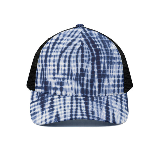 Blue Tie Dye Shibori Print Black Mesh Trucker Cap