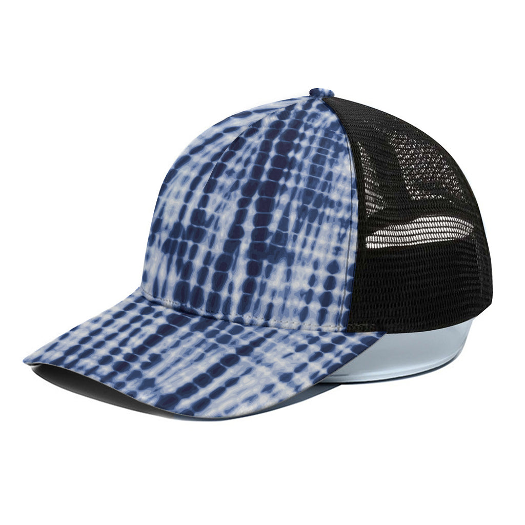 Blue Tie Dye Shibori Print Black Mesh Trucker Cap