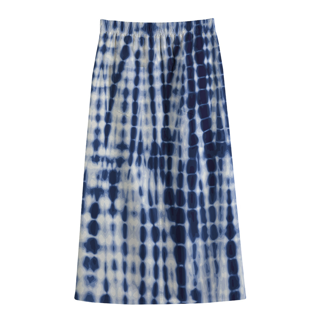 Blue Tie Dye Shibori Print Cotton Front Slit Maxi Skirt