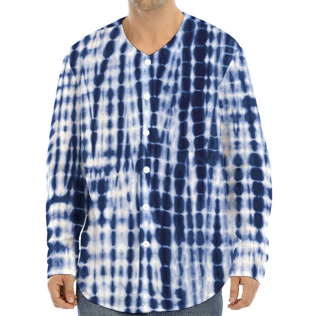 Blue Tie Dye Shibori Print Long Sleeve Baseball Jersey