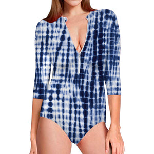 Blue Tie Dye Shibori Print Long Sleeve Swimsuit