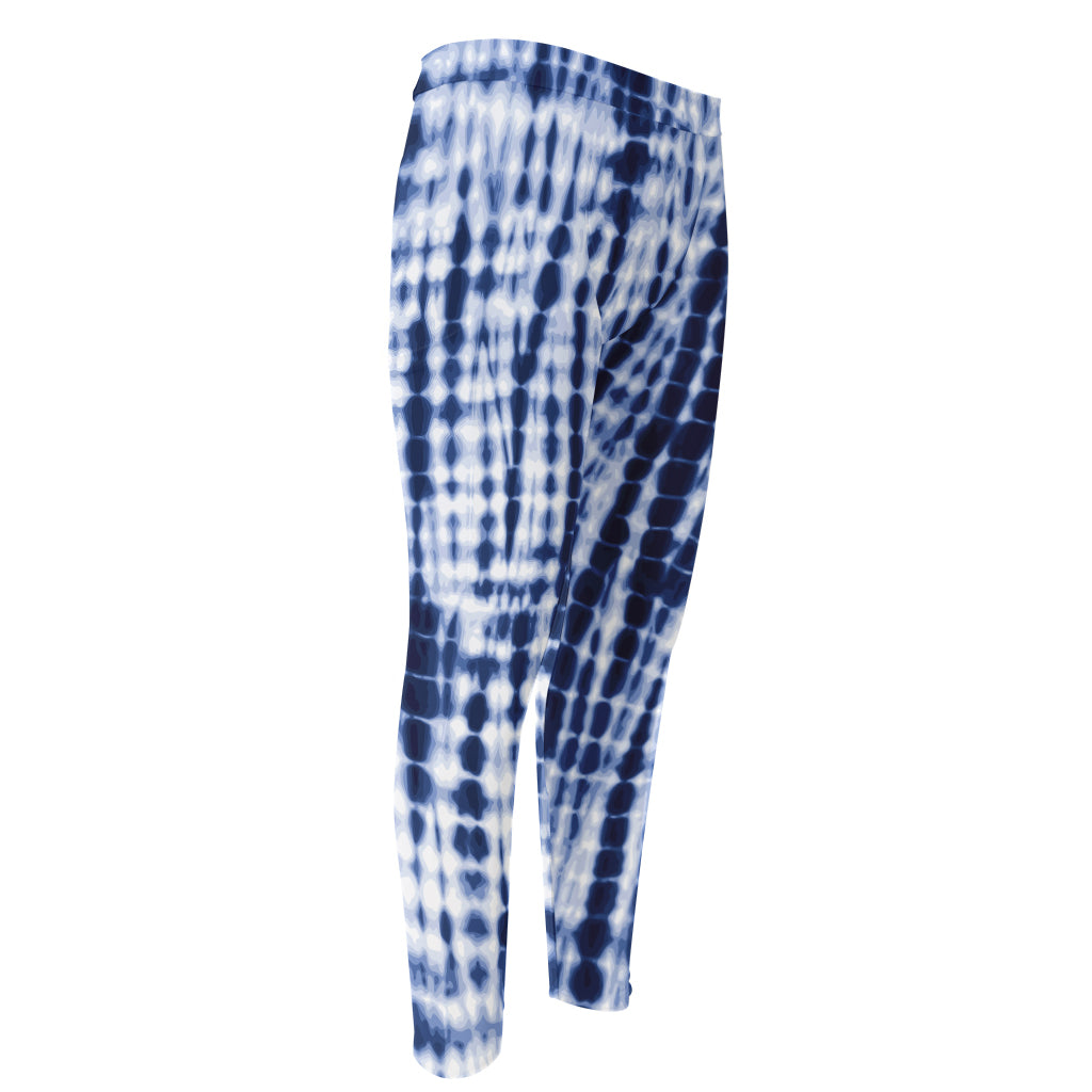 Blue Tie Dye Shibori Print Men's Compression Pants