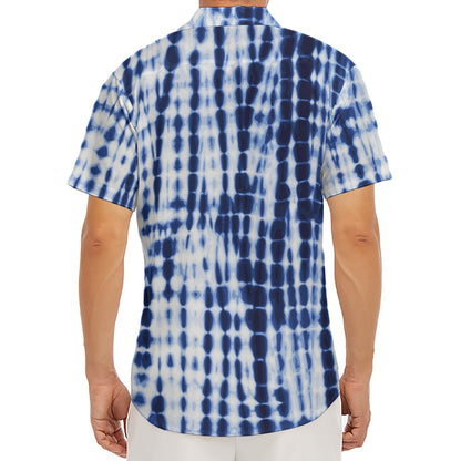 Blue Tie Dye Shibori Print Men's Deep V-Neck Shirt