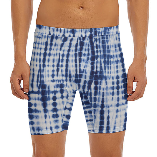 Blue Tie Dye Shibori Print Men's Long Boxer Briefs