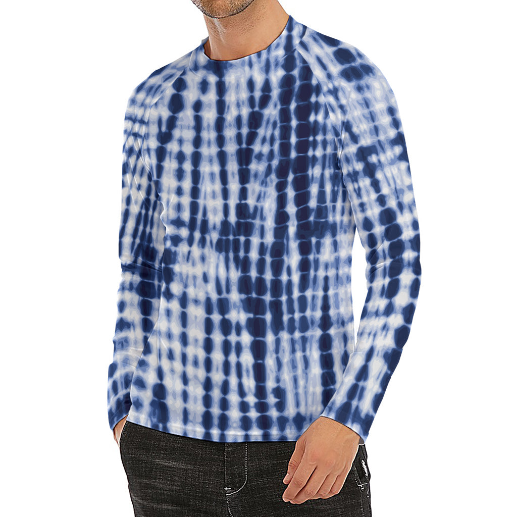 Blue Tie Dye Shibori Print Men's Long Sleeve Rash Guard
