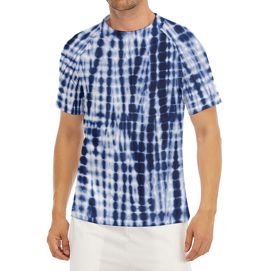 Blue Tie Dye Shibori Print Men's Short Sleeve Rash Guard