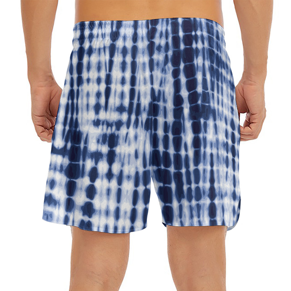 Blue Tie Dye Shibori Print Men's Split Running Shorts