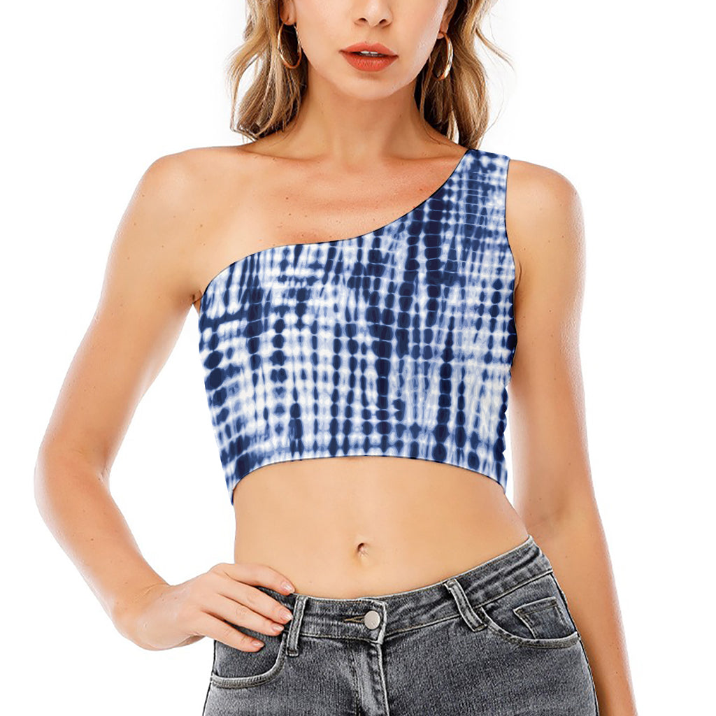 Blue Tie Dye Shibori Print One Shoulder Crop Top