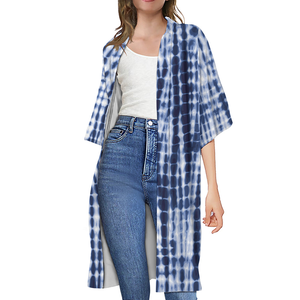 Blue Tie Dye Shibori Print Open Front Beach Cover Up