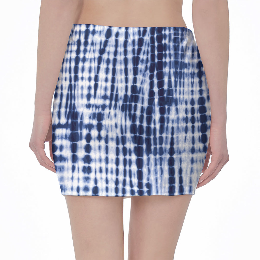 Blue Tie Dye Shibori Print Pencil Mini Skirt