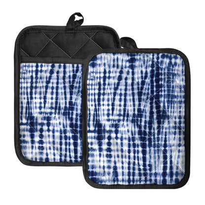 Blue Tie Dye Shibori Print Pot Holders With Pocket