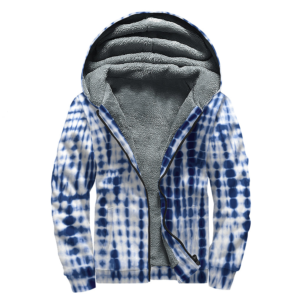 Blue Tie Dye Shibori Print Sherpa Lined Zip Up Hoodie