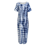 Blue Tie Dye Shibori Print Short Sleeve Long Nightdress