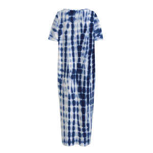 Blue Tie Dye Shibori Print Short Sleeve Long Nightdress