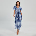 Blue Tie Dye Shibori Print Short Sleeve Maxi Dress