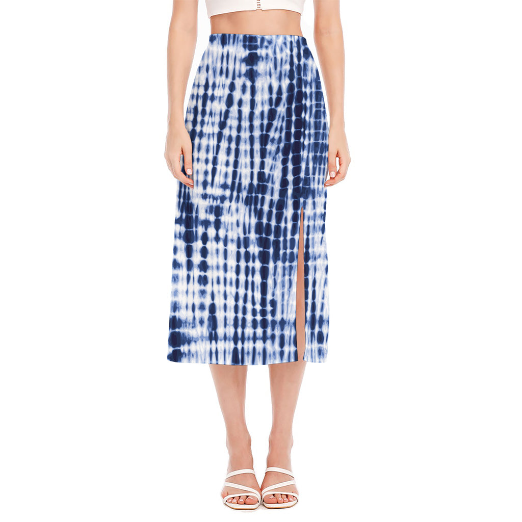 Blue Tie Dye Shibori Print Side Slit Midi Skirt