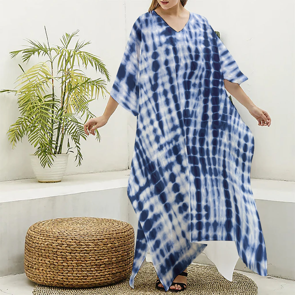 Blue Tie Dye Shibori Print Silk V-Neck Kaftan Dress