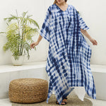 Blue Tie Dye Shibori Print Silk V-Neck Kaftan Dress