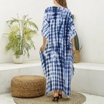 Blue Tie Dye Shibori Print Silk V-Neck Kaftan Dress