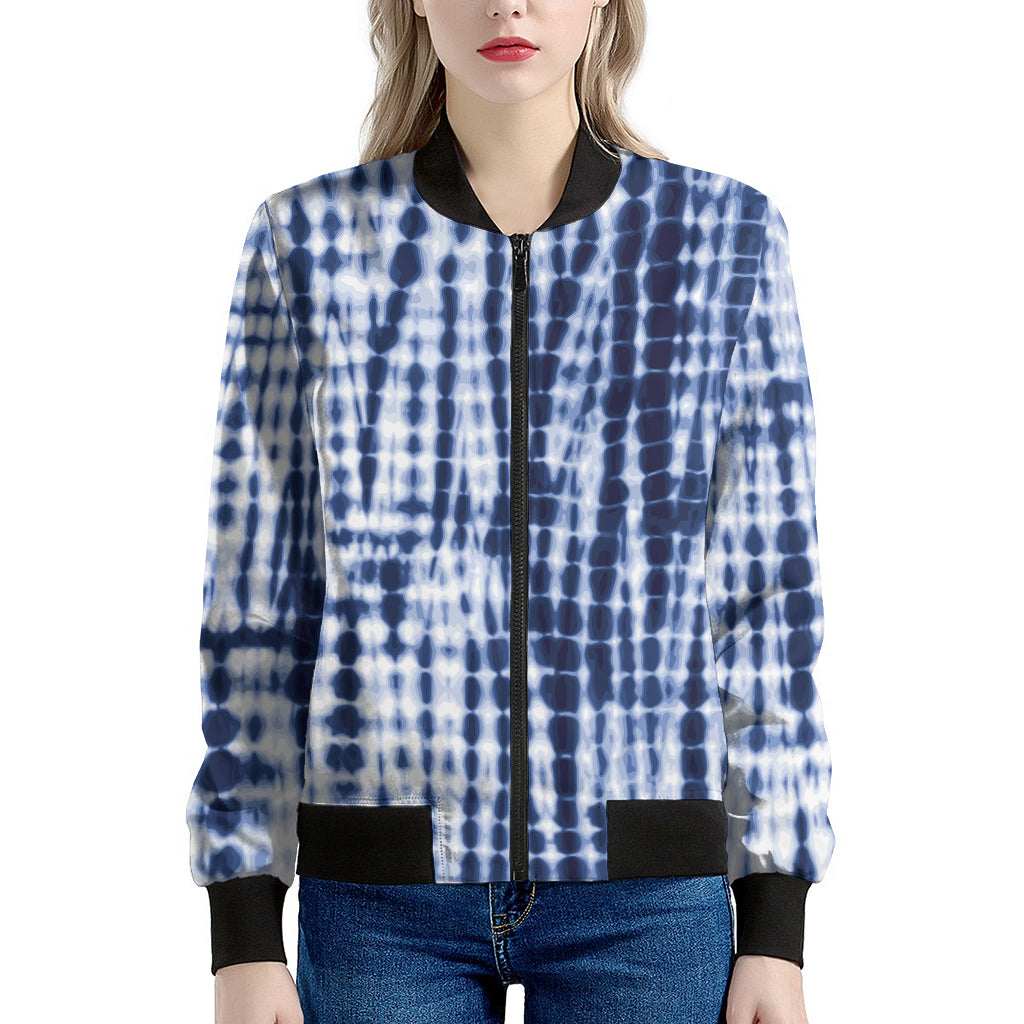 Blue Tie Dye Shibori Print Women's Bomber Jacket