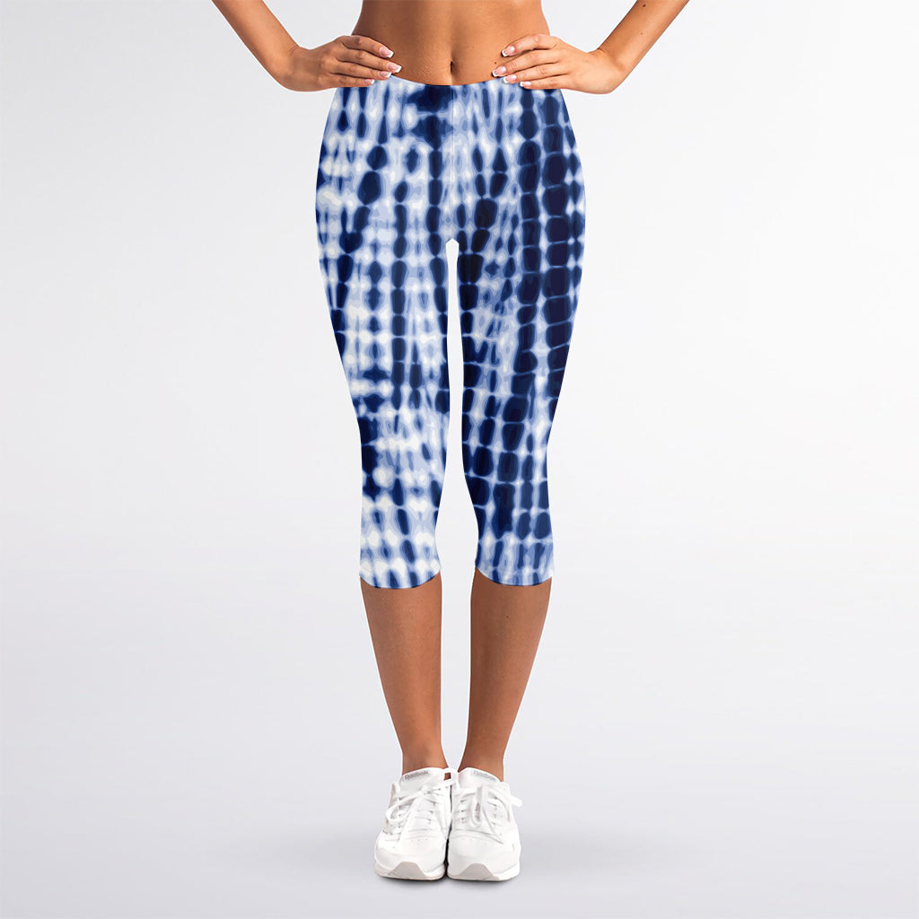 Blue Tie Dye Shibori Print Women's Capri Leggings