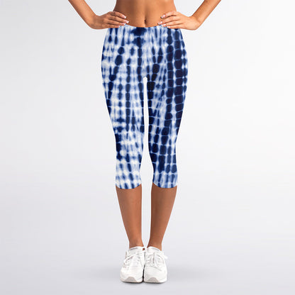 Blue Tie Dye Shibori Print Women's Capri Leggings