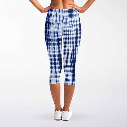 Blue Tie Dye Shibori Print Women's Capri Leggings