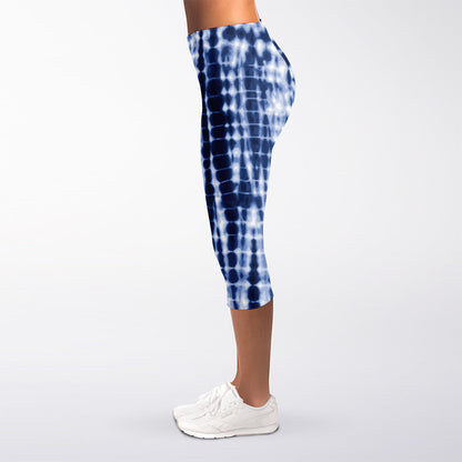 Blue Tie Dye Shibori Print Women's Capri Leggings