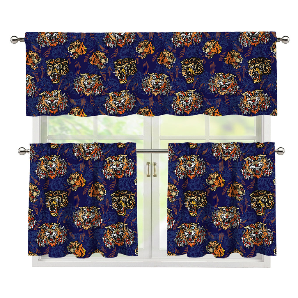 Blue Tiger Tattoo Pattern Print 3 Piece Kitchen Curtains