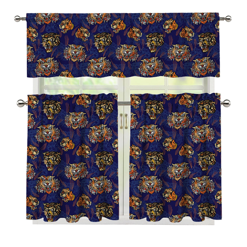 Blue Tiger Tattoo Pattern Print 3 Piece Kitchen Curtains