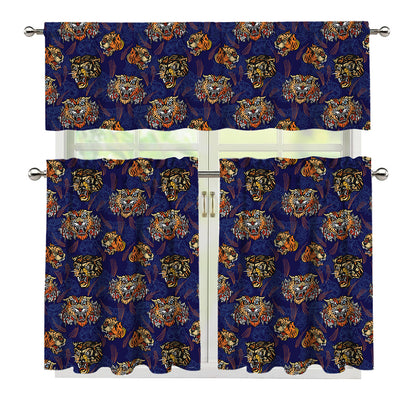 Blue Tiger Tattoo Pattern Print 3 Piece Kitchen Curtains